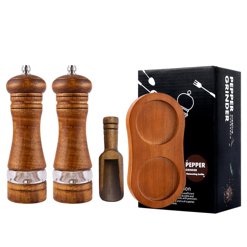 

Wood Salt and Pepper Mills Set Classic Manual Spice Grinder Refillable Salt Mill Sets With Tray Oak Wood Mills Shakers JT552