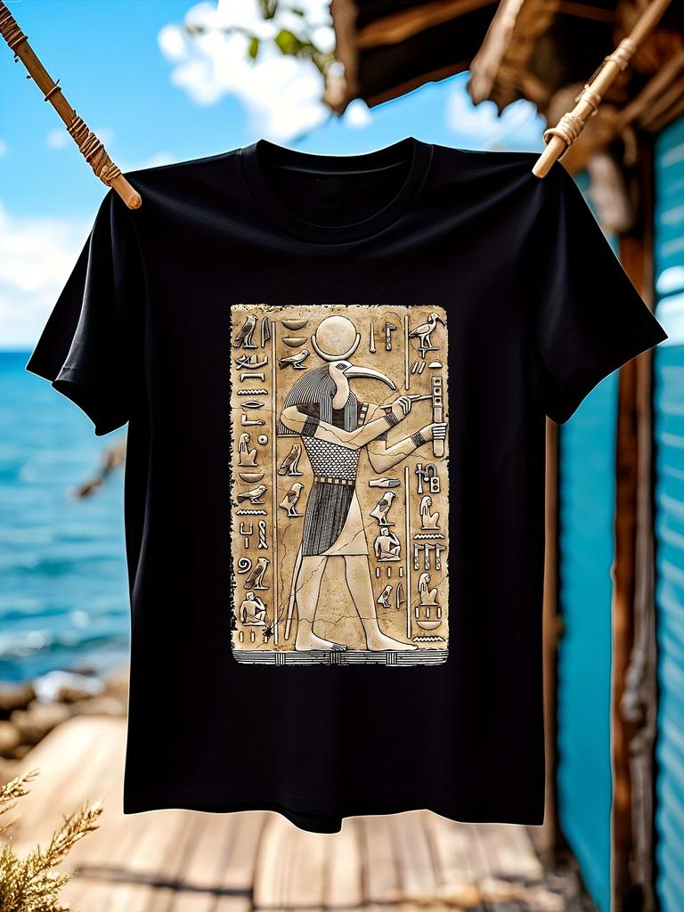 Ancient Egyptian Thoth God T-shirt - Black Cotton Knit Tee with Hieroglyphics