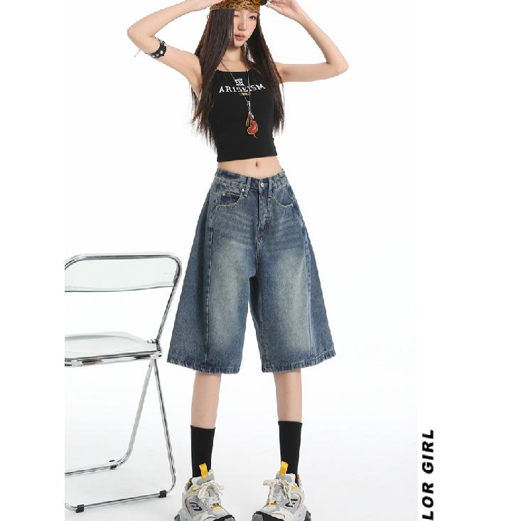 Y2K Street Vintage Tiefer Bund Schräge Tasche Gewaschene Whisker Weites Bein Jorts Bermuda Jeansshorts