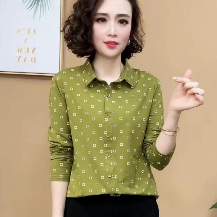 Springtime New Style Style with A Small Necked Shirt and Slim Top Lapel Polka Dot Long-sleeved Shirt