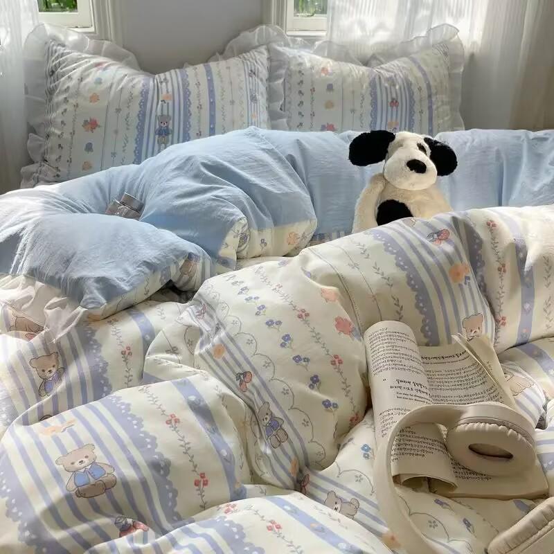 High-value Ins Lotus Leaf Lace A-type Washed Cotton Quilt Cover Skin-friendly Bed Sheet Four-piece Set Dormitory Bedding