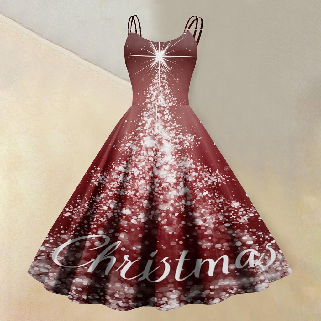 Women's Stylish Casual Sleeveless Round Neck Dress with Christmas Print for Holiday Party