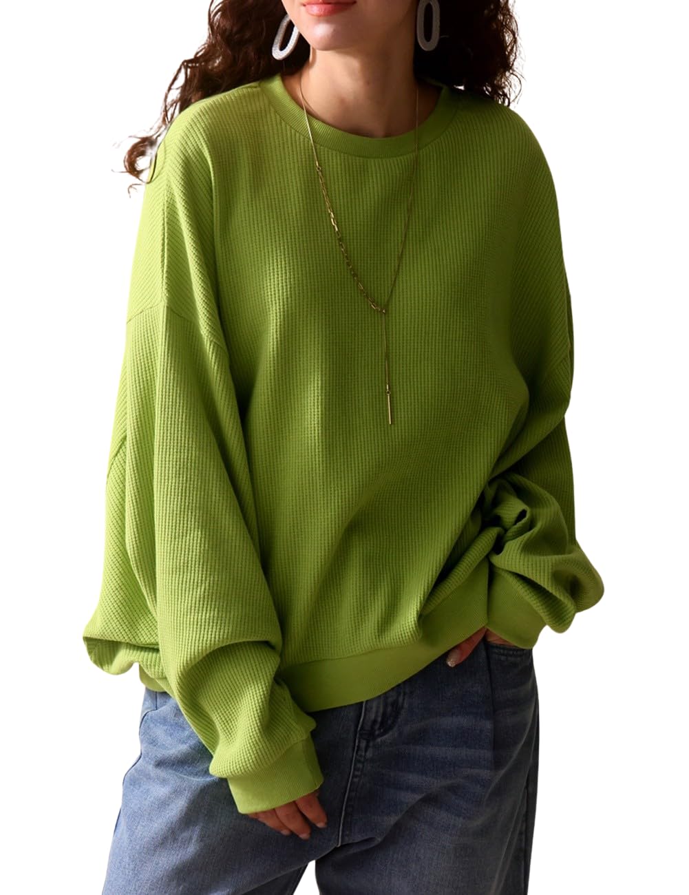 

Топы Dolman с длинным рукавом, вафельные, однотонные, свободный размер 29, цвет лайм-зеленый [antiqua], женские, AMA-00023