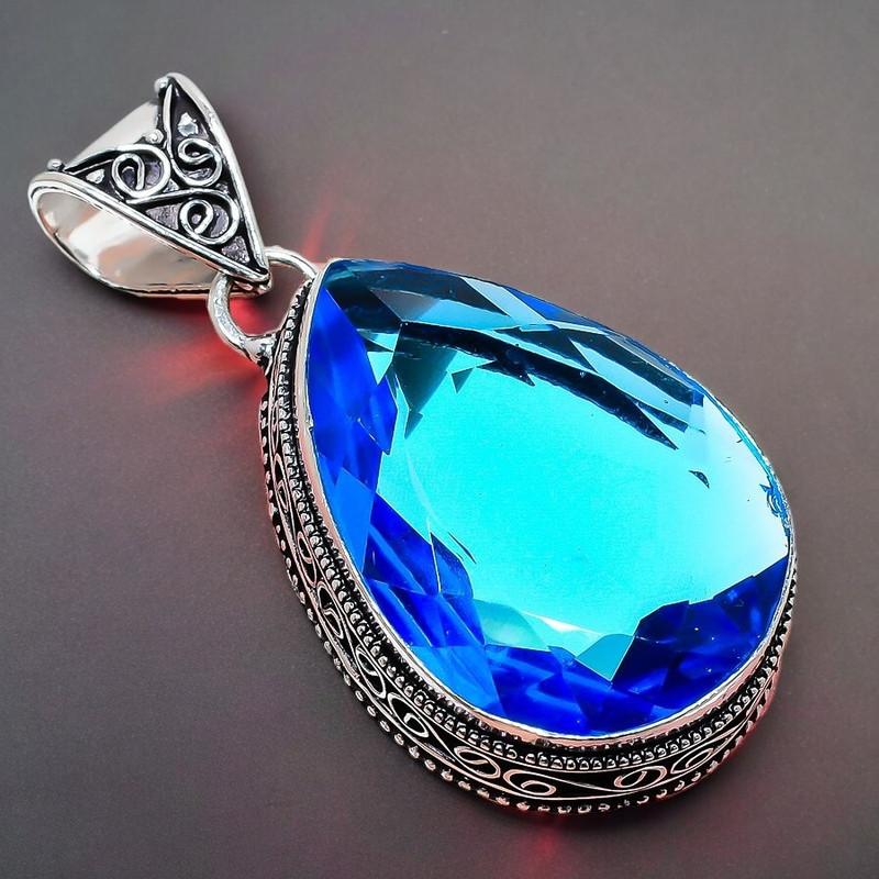 Piatră prețioasă Cuarț Tanzanit Lucrat manual Argint Sterling 925 Bijuterie Pandantiv 2,17" AH-843