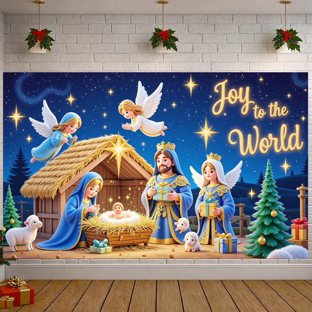 Angel Banner Decorative Art Joy To The World Nativity Scene Banner Festive Colors Christmas Scene For Home Decor Indoor