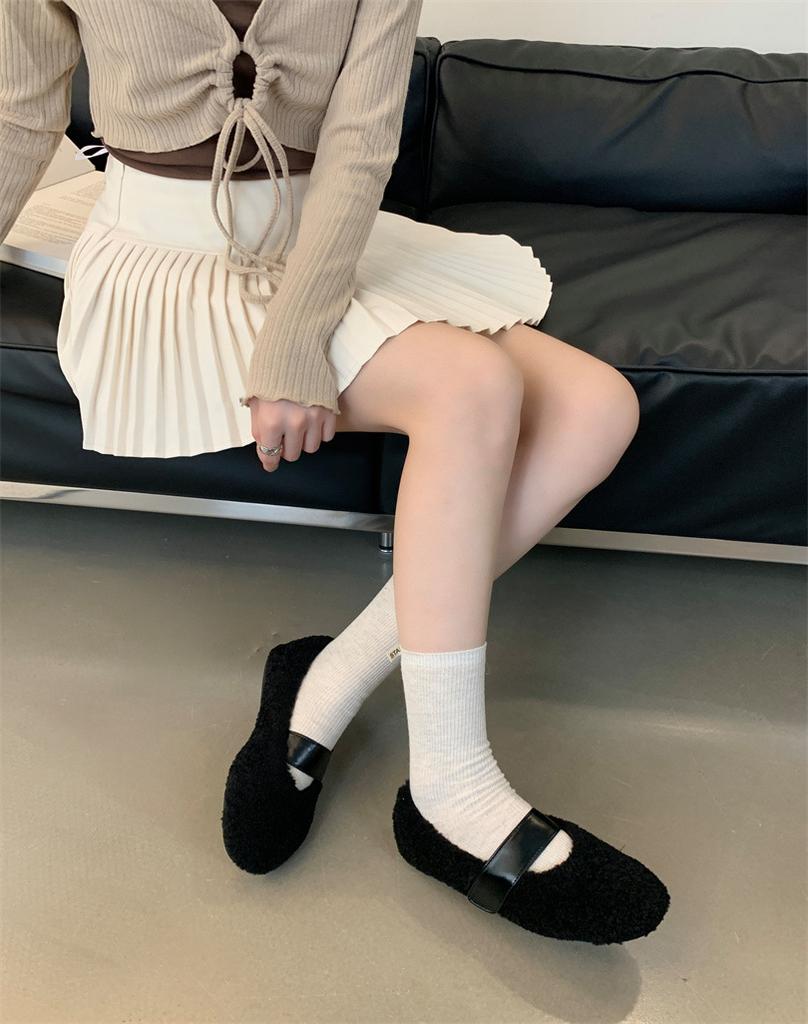 ~ Niche design leather Korean version of flat-soled lamb wool single shoes autumn and winter versatile casual cashmere Doudou shoes