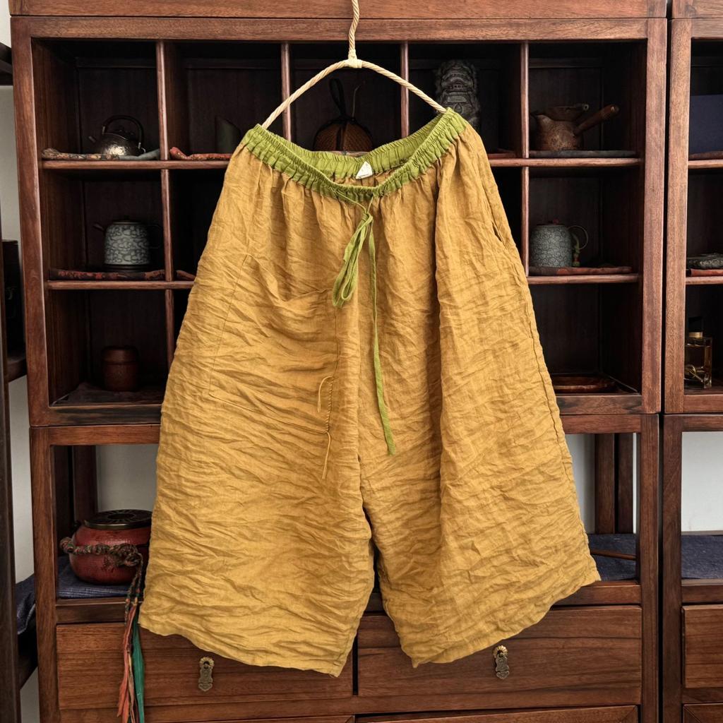 Johnature Women Vintage Wide Leg Pants Patchwork Pockets Solid Color Trousers Autumn Elastic Waist Loose Pants