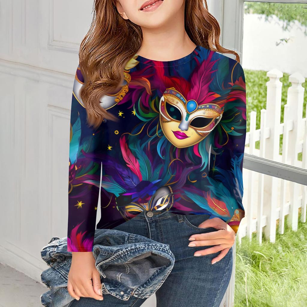 Dziewczęce koszulki z długim rękawem Dziecięce jesienne topy Okrągły dekolt Drukowane Podstawowe T-shirty