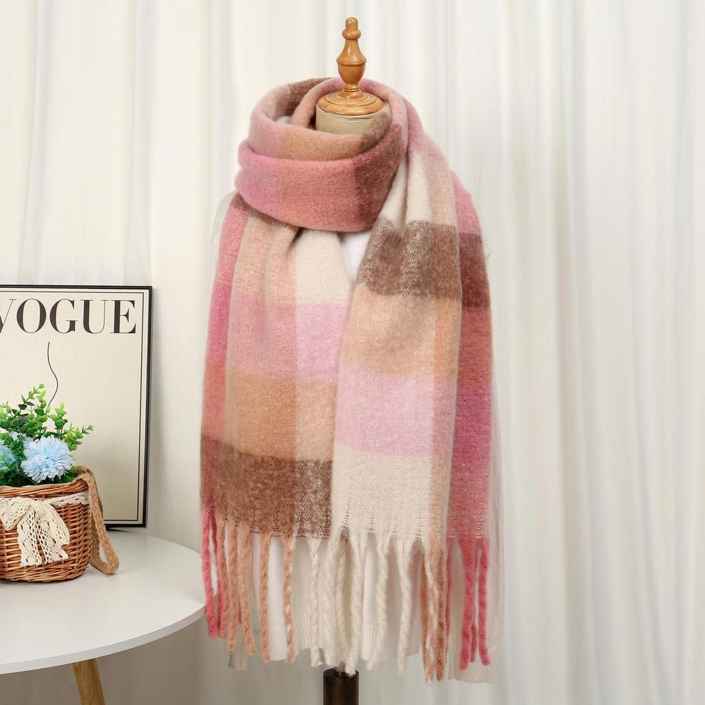 Rainbow Mohair Plaid Scarf - Thick, Chunky, Warm Winter Tassel Neck Warmer in Four Colors