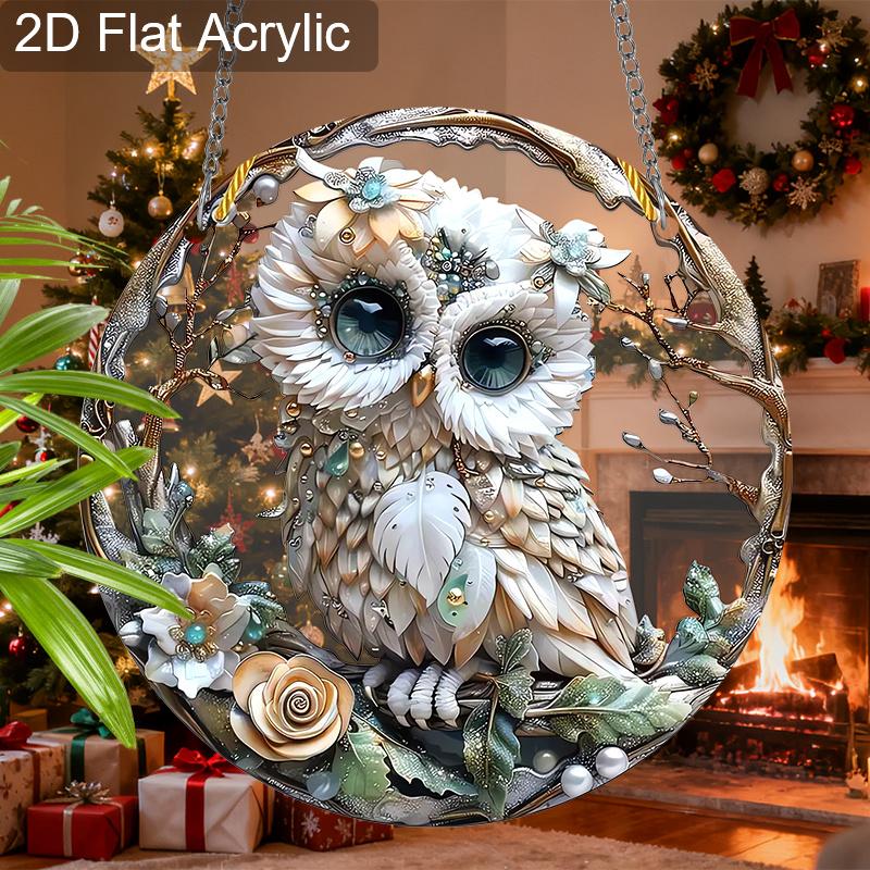 Acryl Weiße Eule Sonnenfänger Glasmalerei-Effekt Fensterhänge-Ornament Eulenliebhaber Weihnachtsgeschenke