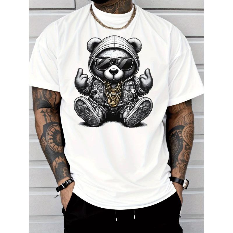 Rozmiary europejskie Styl Hip Hop Fajny Niedźwiedź W Modnych Okularach Bluza Ze Złotym Łańcuchem Pokazujący Środkowy Palec Nadruk Graficzny Koszulka z Krótkim Rękawem