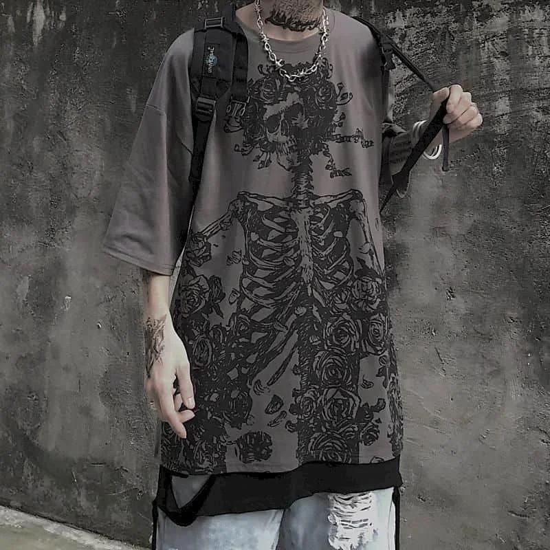 Pánske tričká Letné Streetwear High Street Gothic Skull Tričko Voľné Oversized Tričko s krátkym rukávom Tmavé Anime Pánske Y2k Top