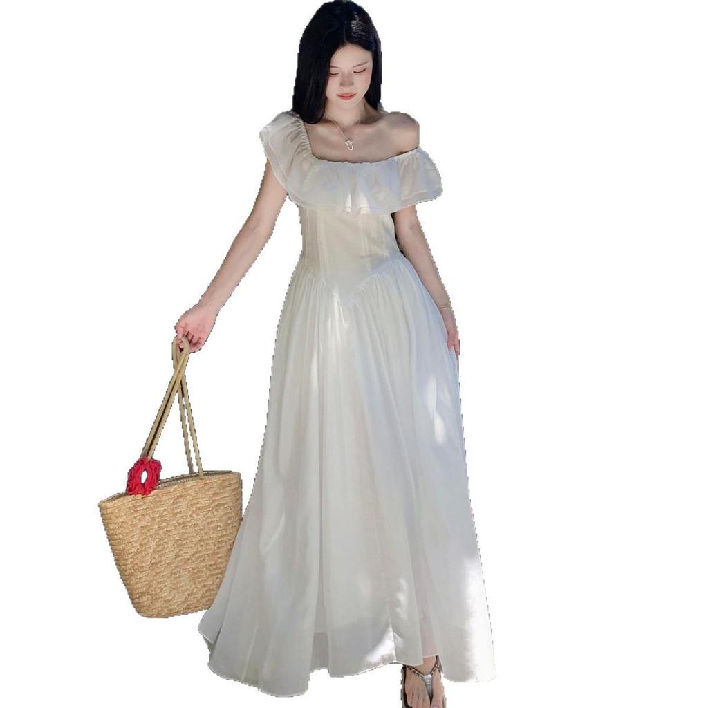 Elegant French Ruffle One-Shoulder Summer Dress 2026 - Women's Beautiful Niche Long Design