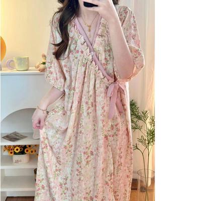 Elegantes Monet-Garten Damen-Kurzarm-Gewand - Langes Nachthemd, Schlafanzug, Bademantel, Loungewear, Wolkenbaumwolle Rundhals