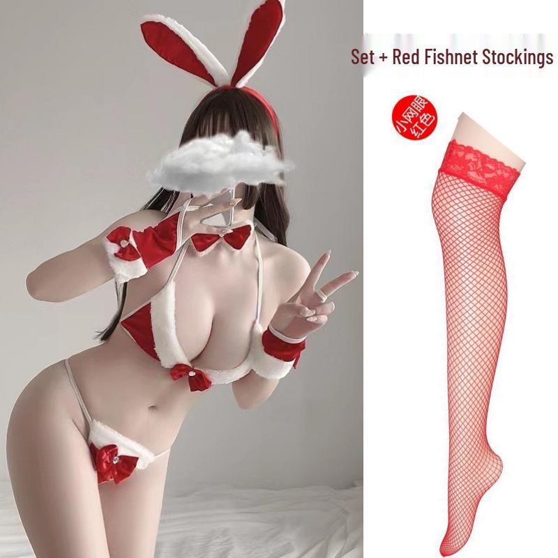 Fluffy Pink Bunny Girl Christmas Lingerie Set