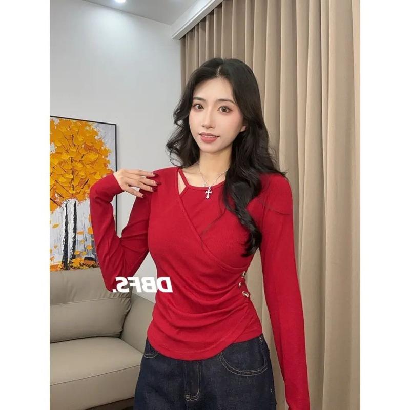 Korean Style V-Neck Long Sleeve Slim Fit Cropped T-Shirt for Women - Autumn/Winter Base Layer