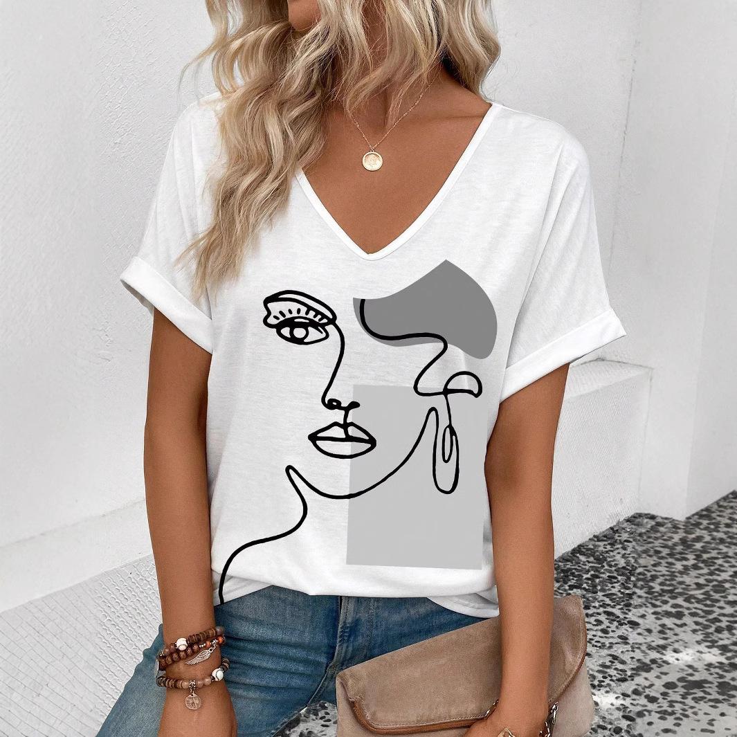 

винтажная женская футболка с принтом лица, с коротким рукавом, с V-образным вырезом, топы, удобные футболки M