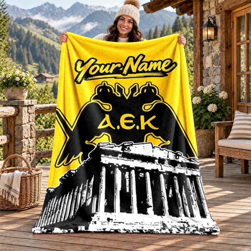 AEK Athens Custom Name Flannel Blanket Personalized Soft Warm Plush Throw Blanket Customized Gift for Family Friends