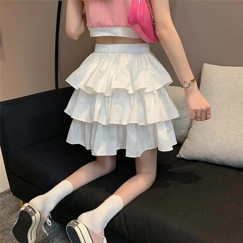 Black and White Check Cake Skirt Women's Elastic Waist A-word Ruffle Edge Pleats Puffy Skirt Sexy Sweet Gothic Preppy Style Spring Summer