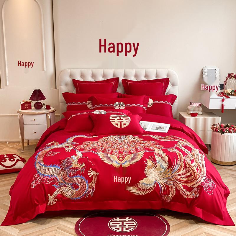 Luxury Dragon & Phoenix Embroidered Wedding Bedding Set - Red Bridal Room Dowry Sheet & Duvet Combo