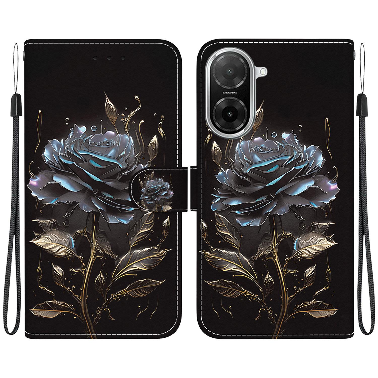 

For Xiaomi Redmi A5 4G (171.7mm)/Poco C71 4G Wallet Phone Case Anti-Drop Leather Flip Cover Pattern Printing with Strap Black Rose