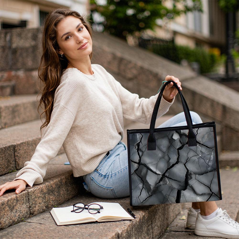 Grey Cracked Pattern Tote Bag Large Capacity Casual Handbag for Daily Outdoor Shopping Use