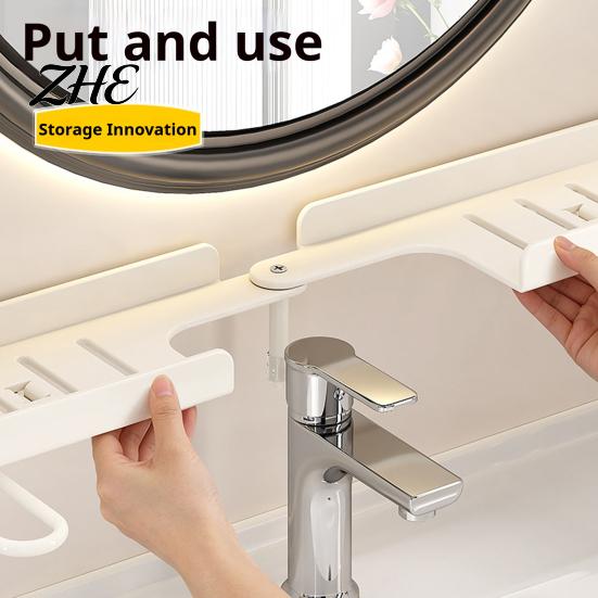 Bathroom Counter Organizer Foldable Faucet Storage Rack, 180 Degree Straight Deployment And 90 Corner No Drill Shelf Turn Two Installation Way,