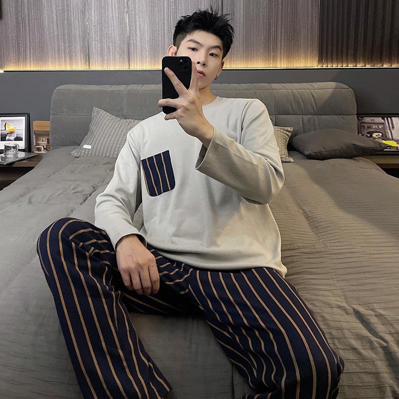 spring Autumn Leisure loose young Boys Sleepwear Men's Pajamas Set Stripe Long Sleeve Nightwear Pijama Home Wear y2k men Clothes