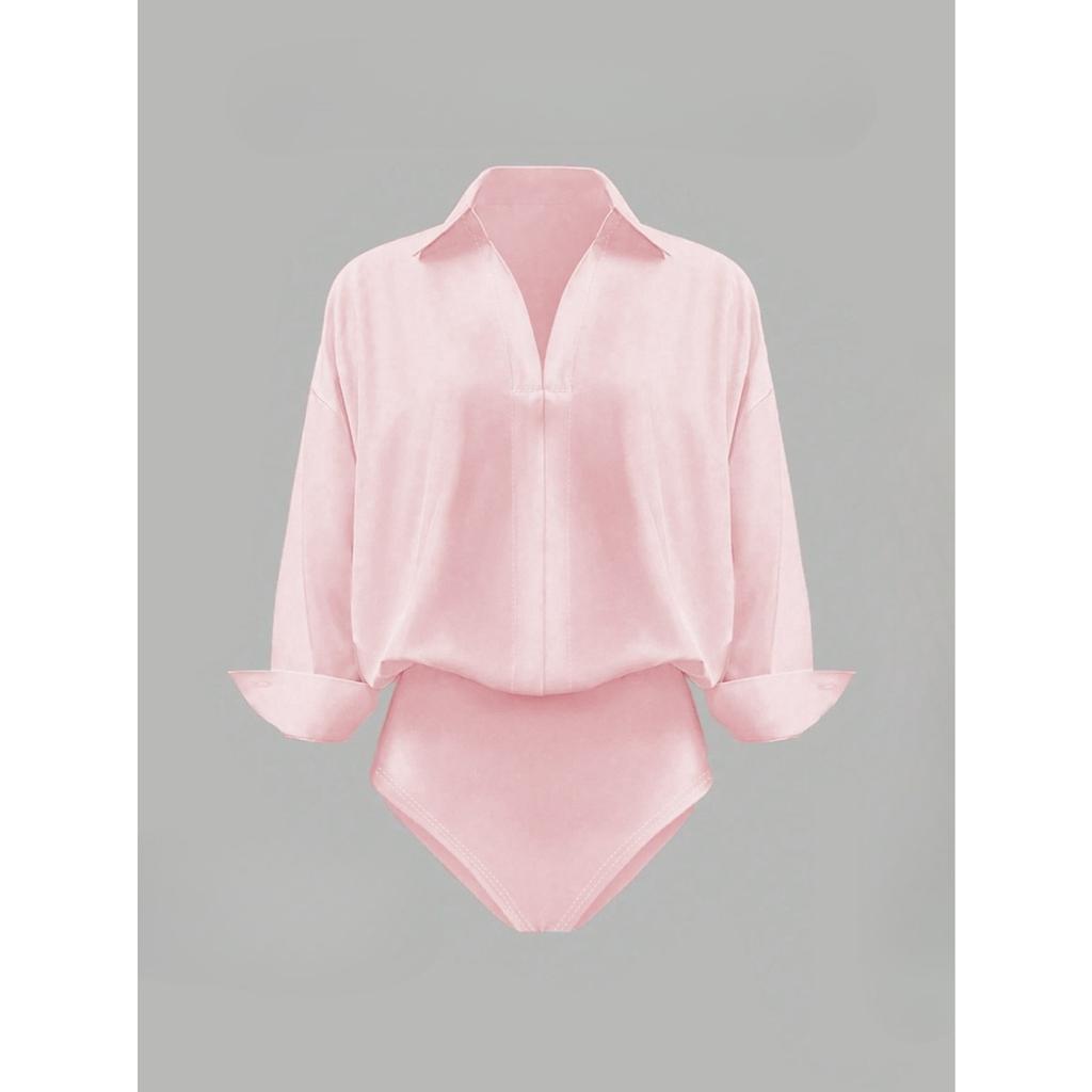 Women's V Neck Long Sleeve Slim Fit Bodysuit with Solid Color Casual Work Top