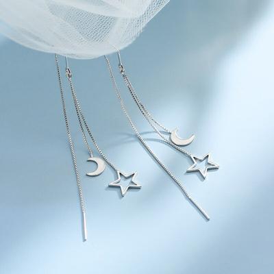 925 Sterling Silver Long Star Moon Korean Drop Earrings For Women Wedding Party Jewelry Eh1351