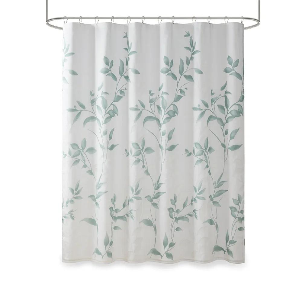 Elegant Green Leaf Shower Curtain for a Serene Bathroom, Featuring Delicate Branches and Leaves On a Soft White Background