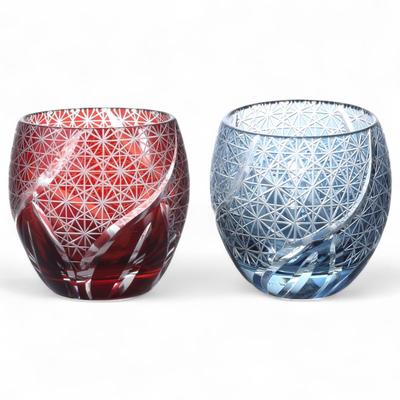 Mizukage Kiriko Pair Glass Cups for Cold Ranbori Komon Red Ink Bishou Current Model J-kitchens Egg-Shaped Sake, 5.5×5.9cm, 100cc, Pattern, & Blue,
