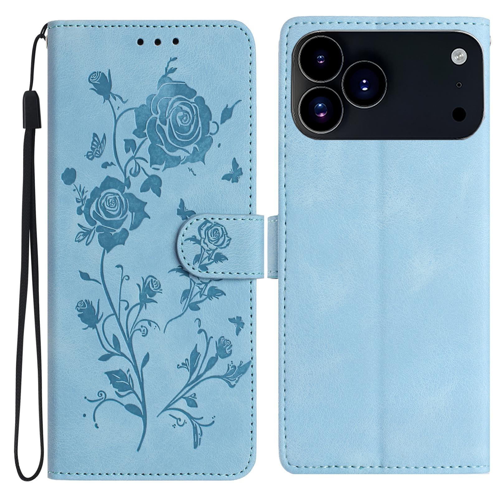 

For iPhone 17 Pro Wallet Case Rose Pattern Imprinted Leather Flip Stand Phone Cover with Strap D