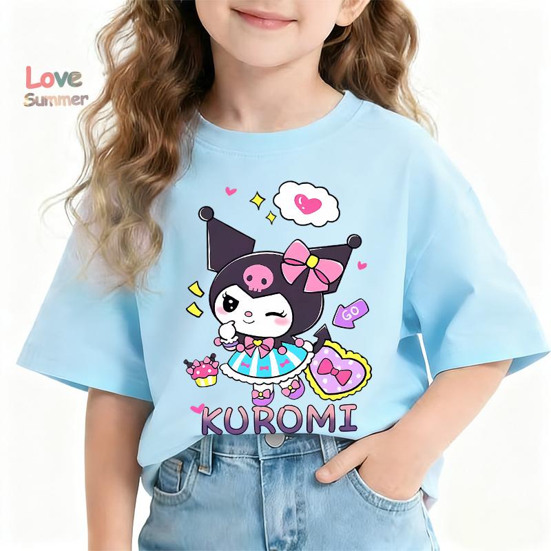 Kuromi T-Shirt Cute Cartoon Little Girls T-Shirt 4-14Yrs O Neck Short Sleeve Cat Print Casual Summer Top for Comfy