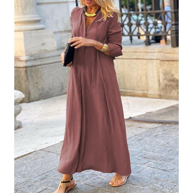 IHUASU Fashion Autumn Winter Solid Color Print Long Sleeve V-Neck Casual Dresses International design