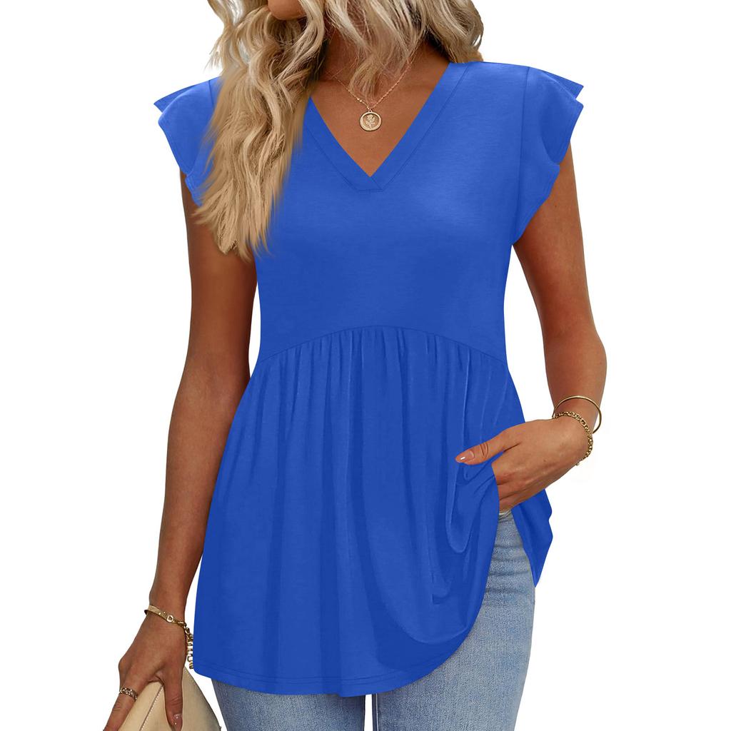 Womens Tops Fashionable V-neck Ruffled Sleeve Short-sleeved T-shirt Business Blouses
