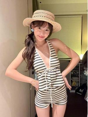 Two-Piece Conservative Halter Bikini: Black & White Striped Women's Swimsuit for Beach & Hot Spring Vacations