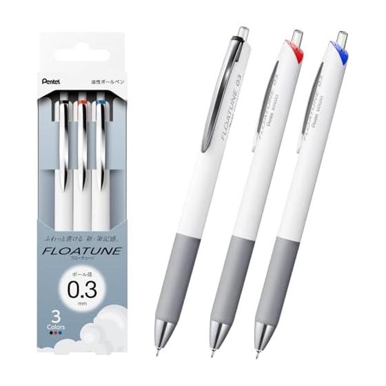 Pentel Oil-Based Ballpoint Pen Flowtune Black, Red, Blue 0.3mm 3-Pack BZN203-3 Frictionless Ballpoint Pen Ink Flow System Special Ink Cushion Effect