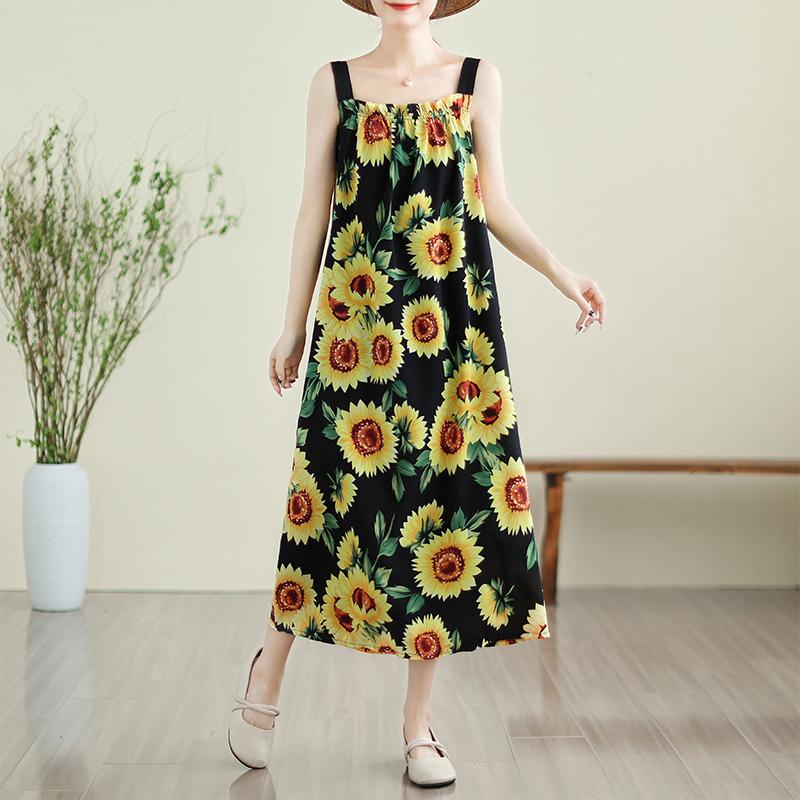 Sleeveless Strap Plus Size Chiffon Vintage Floral New In Dresses For Women Casual Loose Long Summer Dress