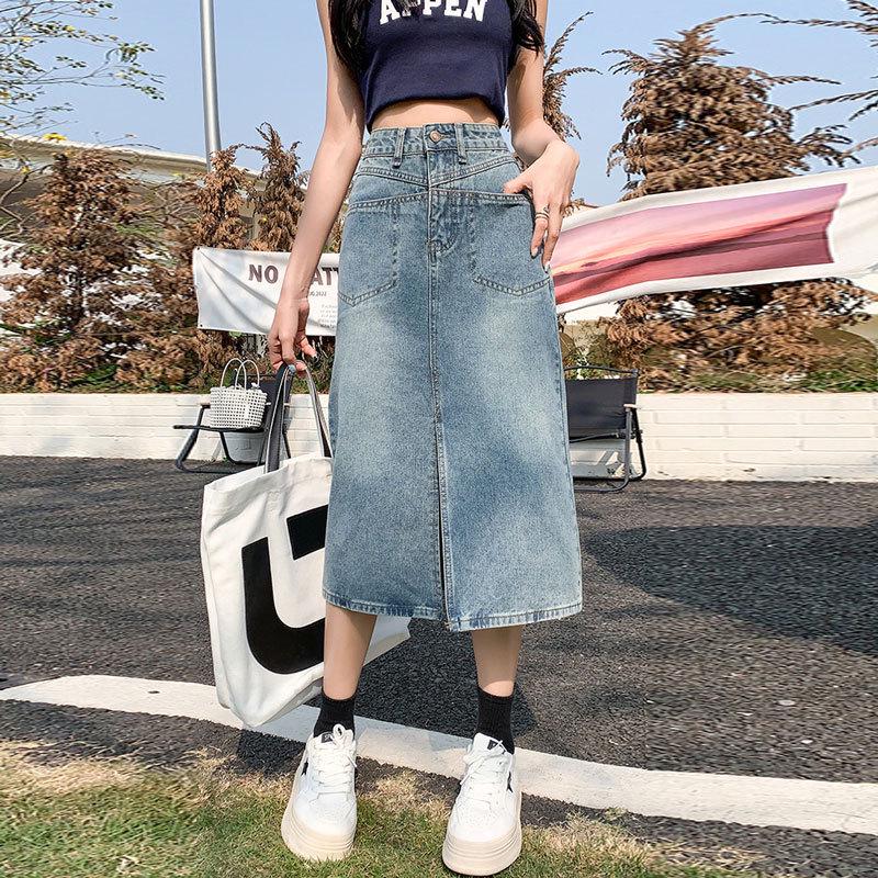 Women's High-Waist Denim A-Line Skirt with Pockets and Slit - Retro Mid-Length Design