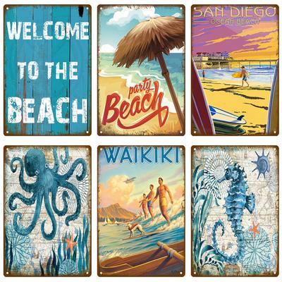 Cartel de hojalata de playa de Hawái, cartel de pared vintage, letrero de metal, placa de pared decorativa, placa de cocina, accesorios de decoración vintage de metal