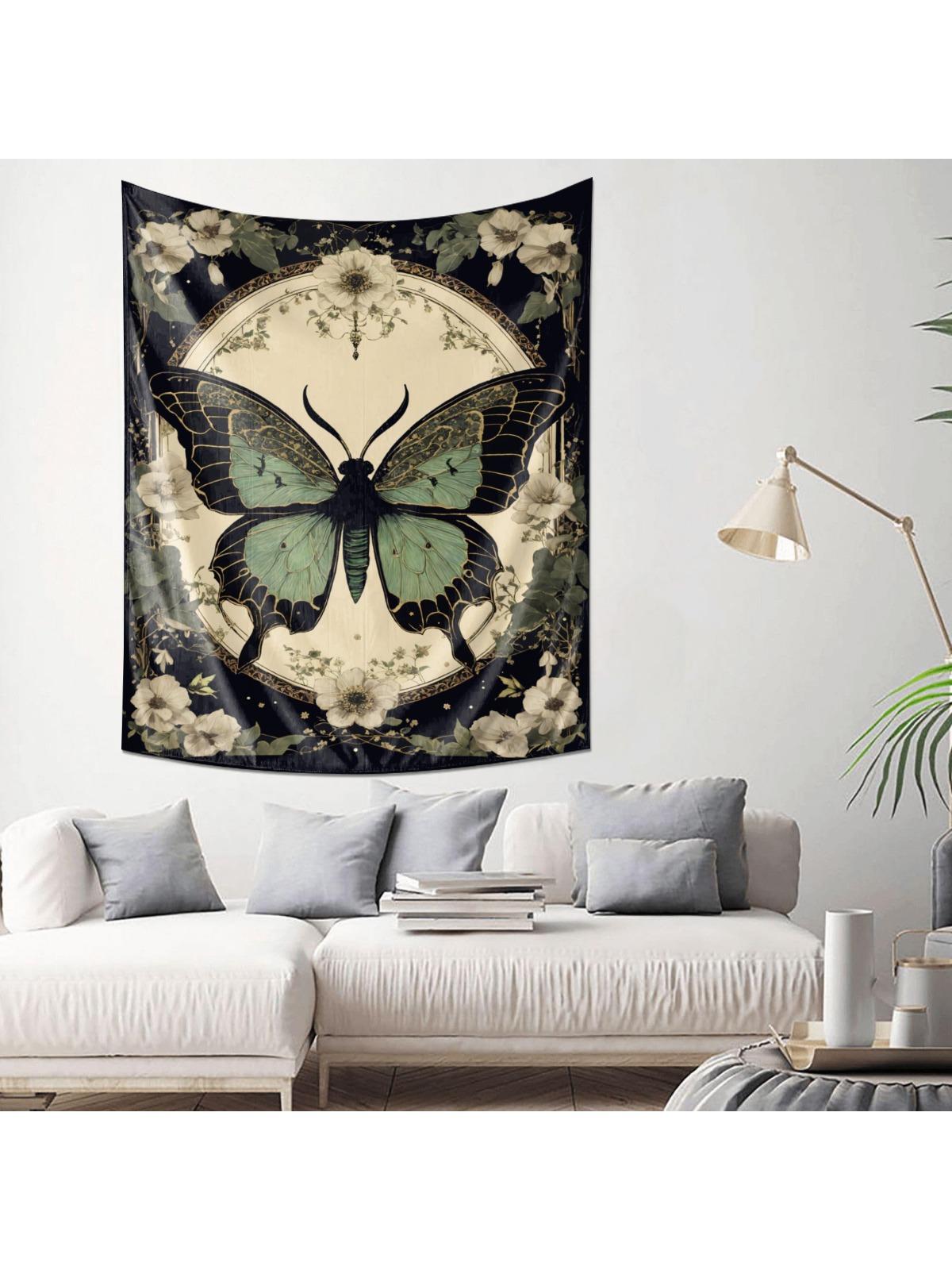 Элегантный Зеленый Бабочка Цветок Гобелен Идеальное Произведение Искусства для Украшения Спальни 74x94cm(29x37in)