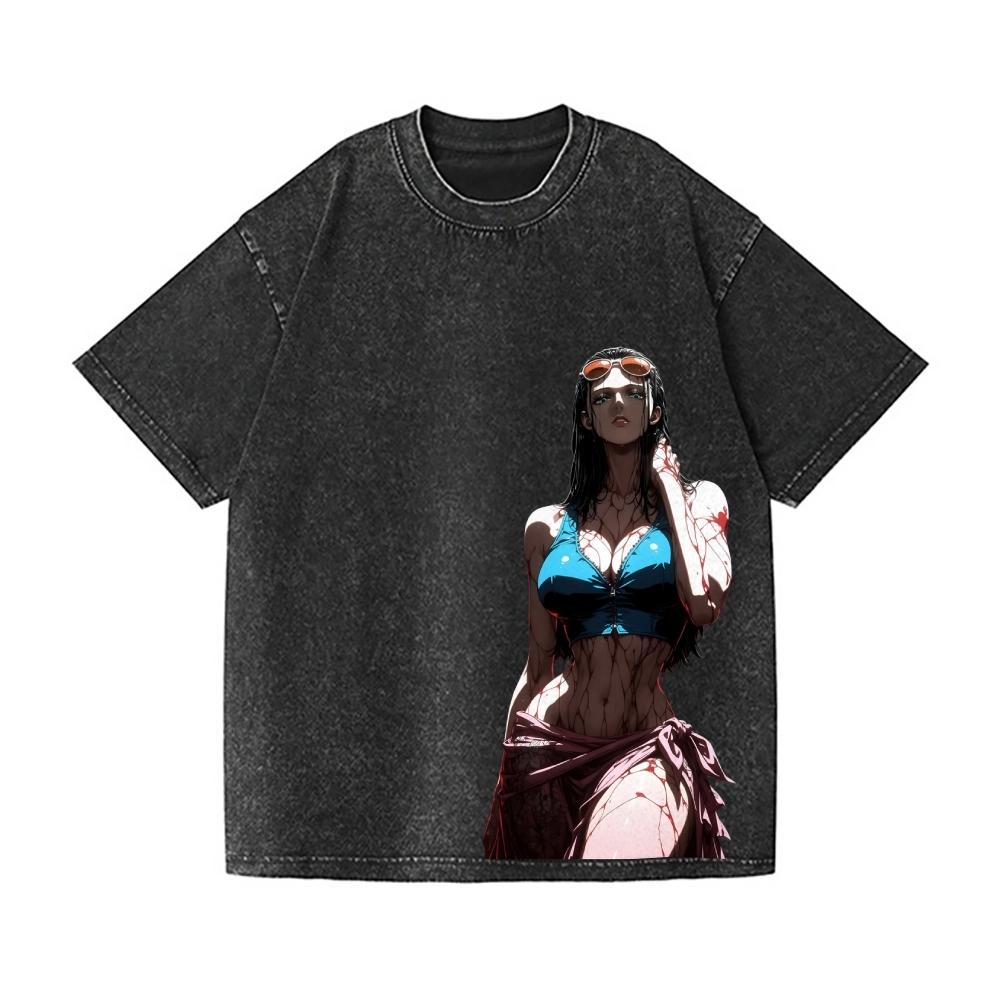 One Piece Nico Robin Vintage Wash Japanese Design T-Shirt High-quality Streetwear Men's Clothing Women 2026 Summer New T Shirt