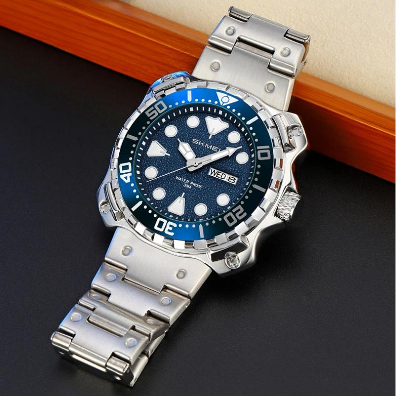 Skmei Men Watch Outdoor Sports Quartz Watches Mens Stainless Steel Waterproof Luminous Wristwatch Male Week Date Display Clock