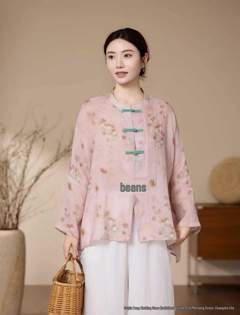 Frühling/Sommer 2026 Damen Chinesischer Stil Elegantes Print-Stehkragen-Langarm-Ramie-Hemd