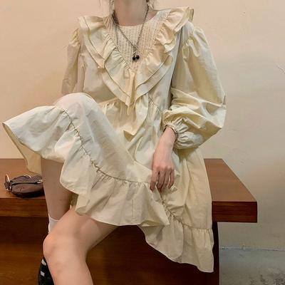 Rochie în stil preppy femei minunate cu mâneci bufante, toamnă, japoneze, fete dulci, volane largi, delicate, elegante, la modă, timp liber, gâtul în formă de O