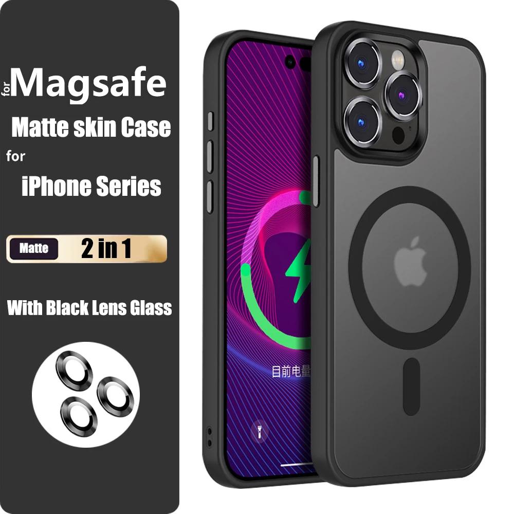 Translucent Frosted Glass Lens Protector Magnetic Case for iPhone 15 14 13 12 11 Pro Max 15Plus Shockproof Wireless Charge Cover
