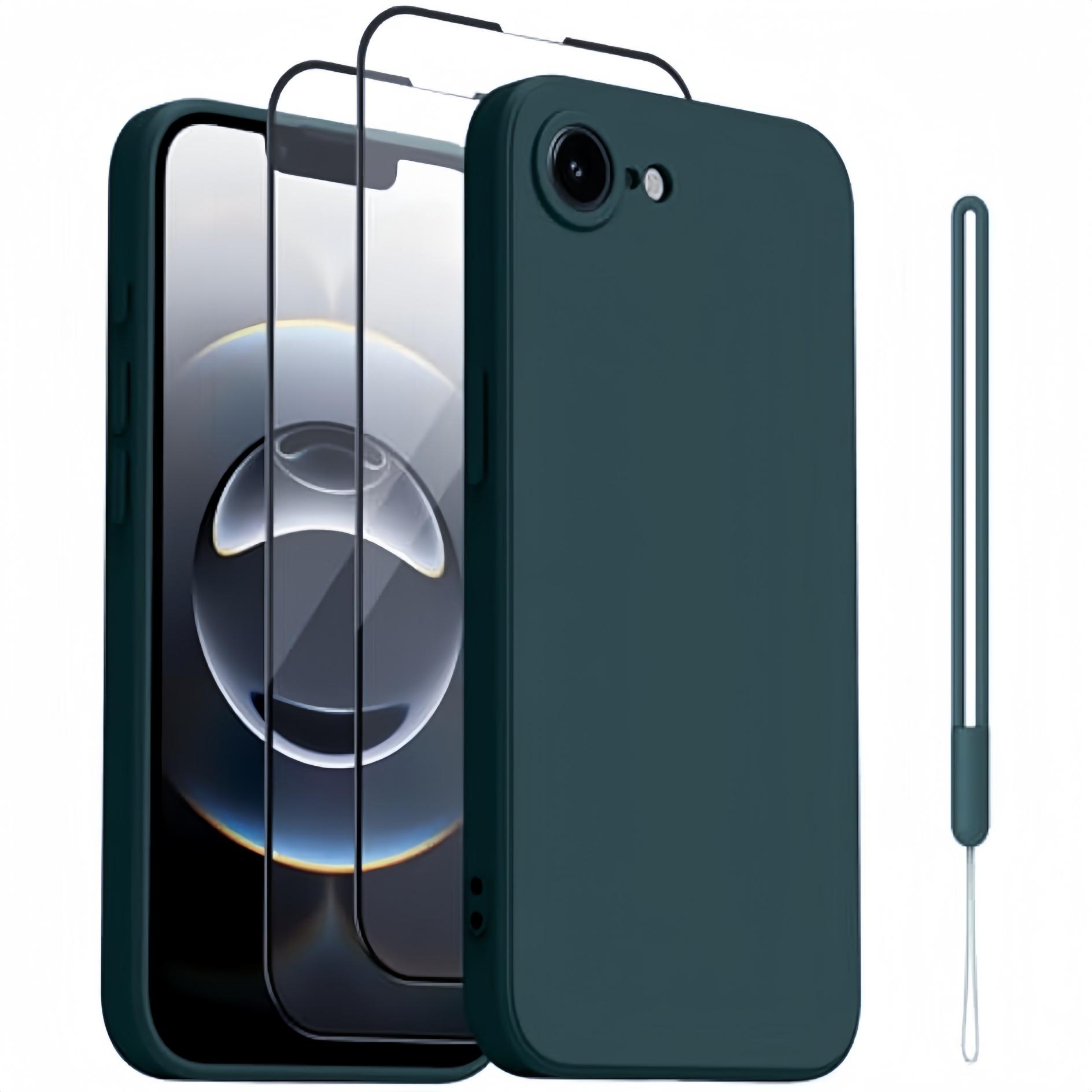 Case for iPhone 17e /16e ,Solid Colour Liquid Silicone Shockproof Protective Slim Cover With 2Pcs Screen Protector Lanyard Case & Screen Protector&iPhone17e зелёный