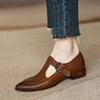 Coarse heel small size 2025 pointed T-shaped low heel versatile retro buckle with brown rare women's spring single shoes versatile low heel