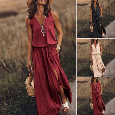 Vestido largo de verano sin mangas para mujer, informal, con cremallera en la parte delantera, escote en V, maxivestido con bolsillo, plisado y abertura midi.